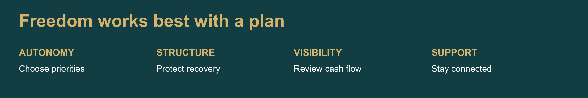 Freedom works best with a plan: choose priorities, protect recovery, review cash flow, and stay connected.