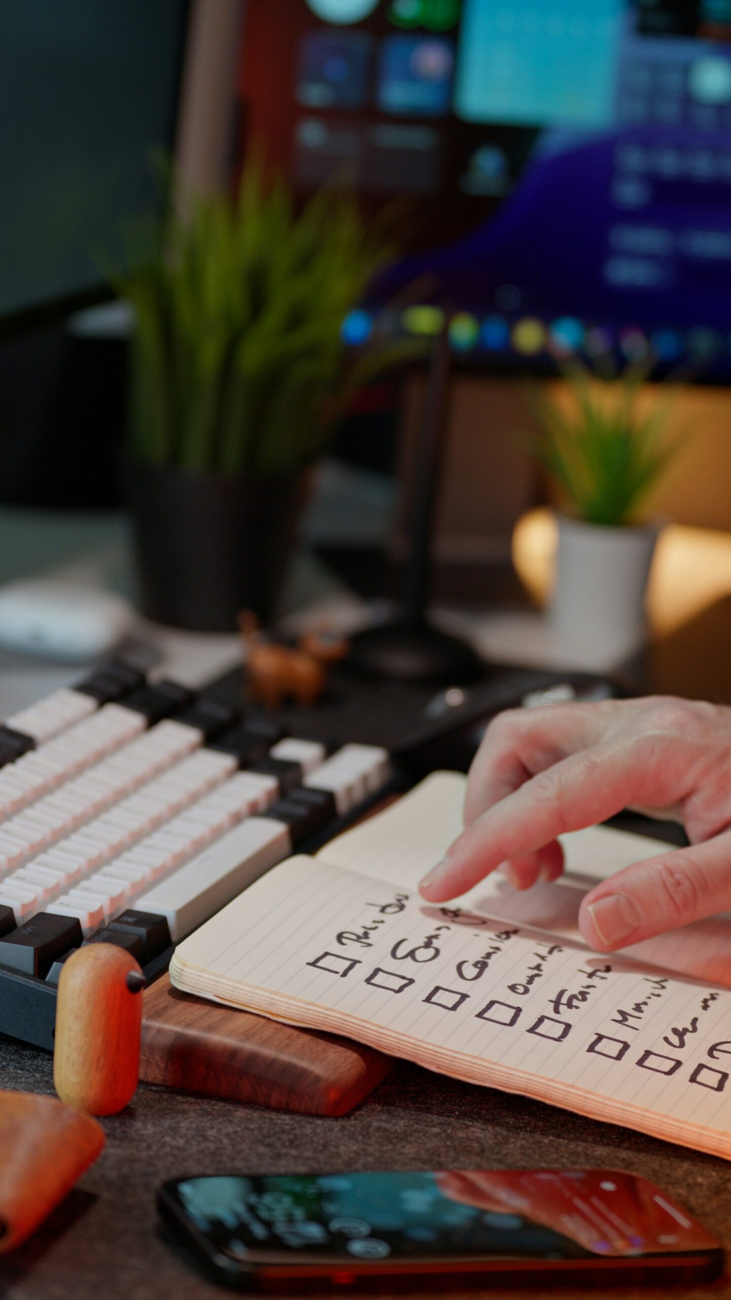 Person checking tasks from a written list at a modern workspace, representing measurement and execution.