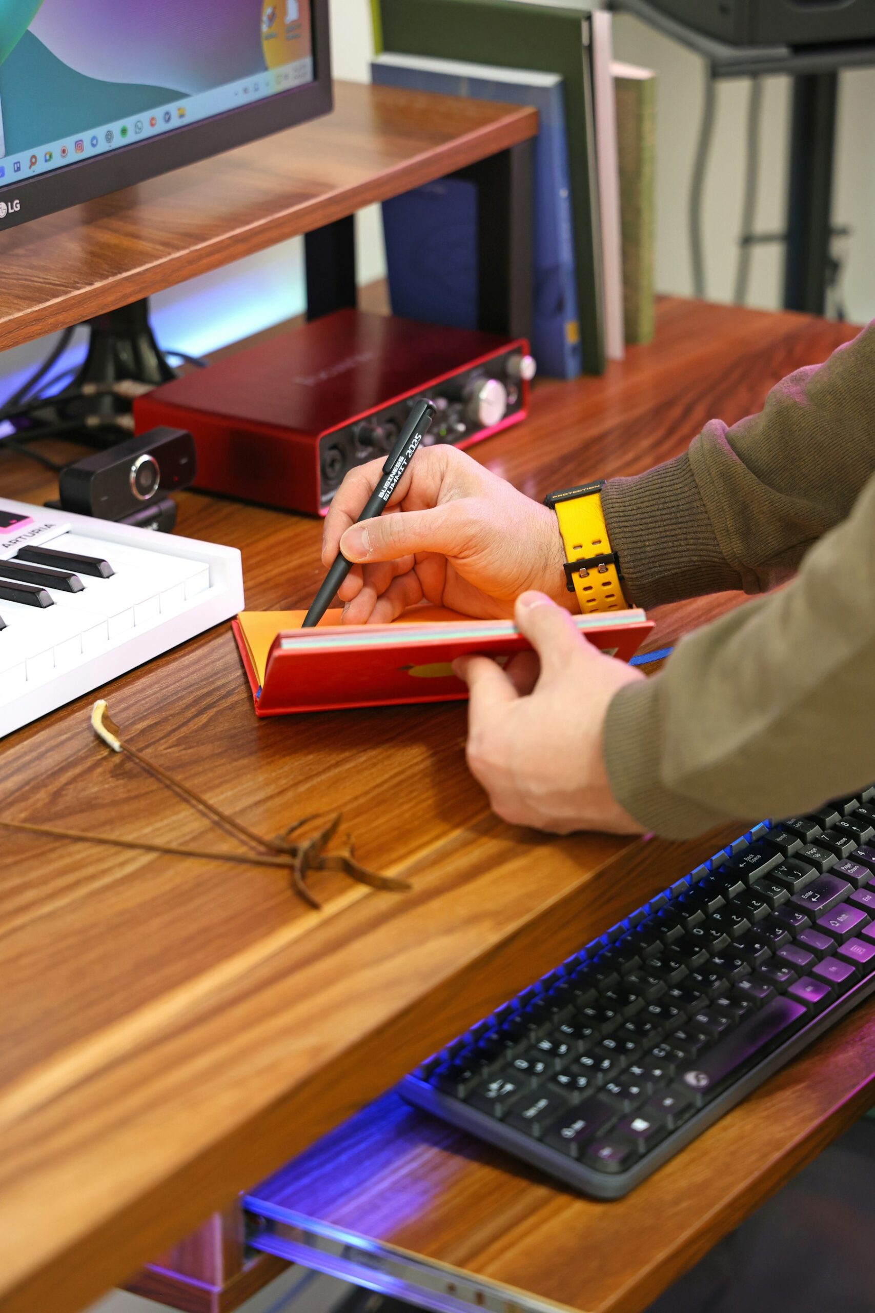 Person writing at a computer workstation, representing focused small-business work.