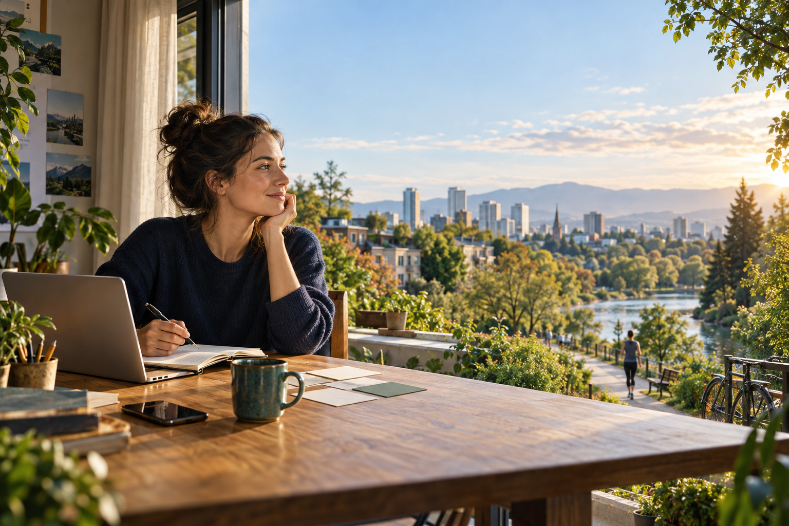 Original editorial illustration of a business owner planning work beside a window overlooking a green walking path.